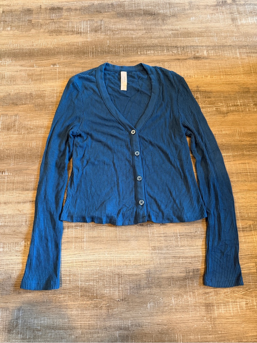 Auden Blue Ribbed Button-Front Long Sleeve Top